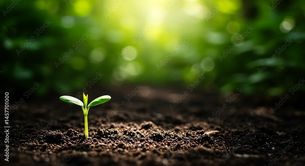 Fototapeta premium Tiny seedling emerges from dark soil, bathed in soft, ethereal s