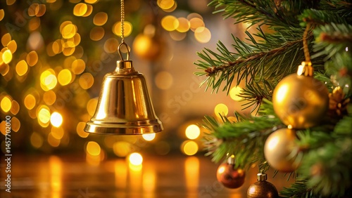 Wallpaper Mural Festive Christmas Tree Ornament: Golden Bell & Fairy Lights in Cozy Home Torontodigital.ca