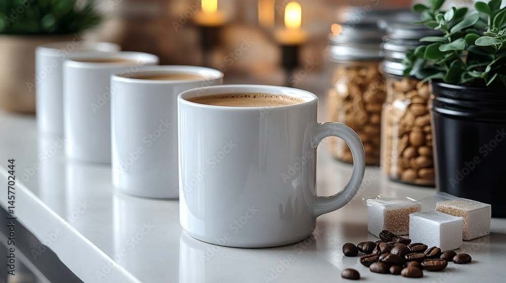 Fototapeta premium Hot coffee in white ceramic mugs alongside brown beans and sugar cubes displayed on a table surface on a transparent background, PNG image, PNG file.