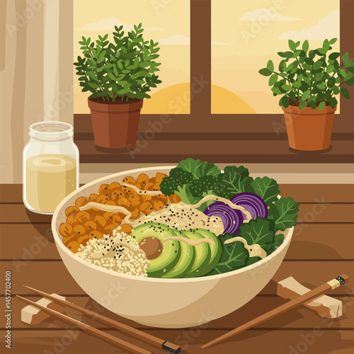 Preparing a Vegan Bowl at Home with Fresh and Healthy Ingredients