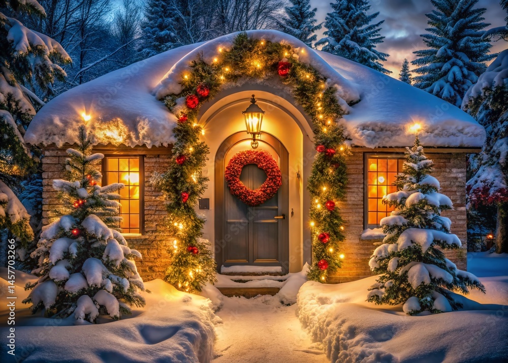 Fototapeta premium Festive Snow-Dusted Christmas Home Entrance with Red Accents