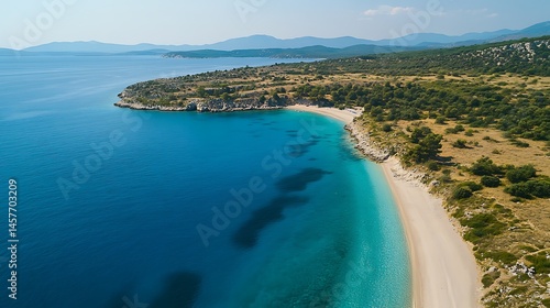 Fototapeta Naklejka Na Ścianę i Meble -  Aerial view captures the brilliant turquoise ocean and a peaceful sandy beach coastline