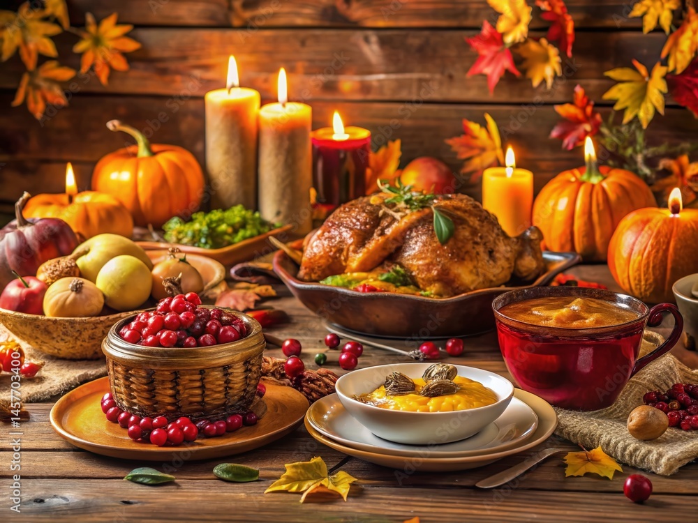 Festive Thanksgiving Table Setting with Autumnal Decor and Delicious Food Festive Thanksgiving Table Setting with Autumnal Decor and Delicious Food