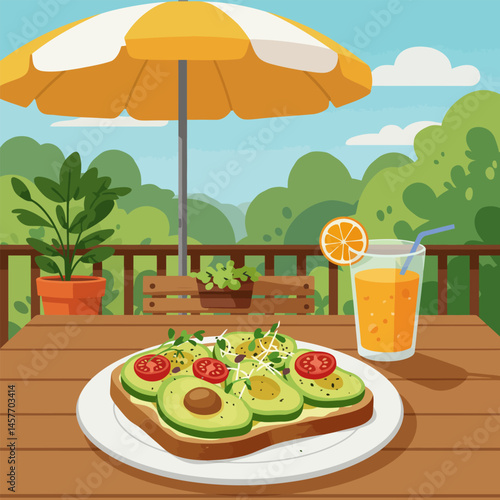 Enjoying Outdoor Brunch with Avocado Toast and Fresh Orange Juice