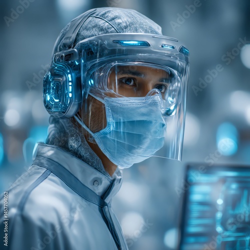 A futuristic doctor in a modern hospital wearing advanced PPE, using high-tech medical equipment in a clean, bright setting. Perfect for healthcare, technology, and sci-fi concepts