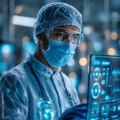 A futuristic doctor in a modern hospital wearing advanced PPE, using high-tech medical equipment in a clean, bright setting. Perfect for healthcare, technology, and sci-fi concepts