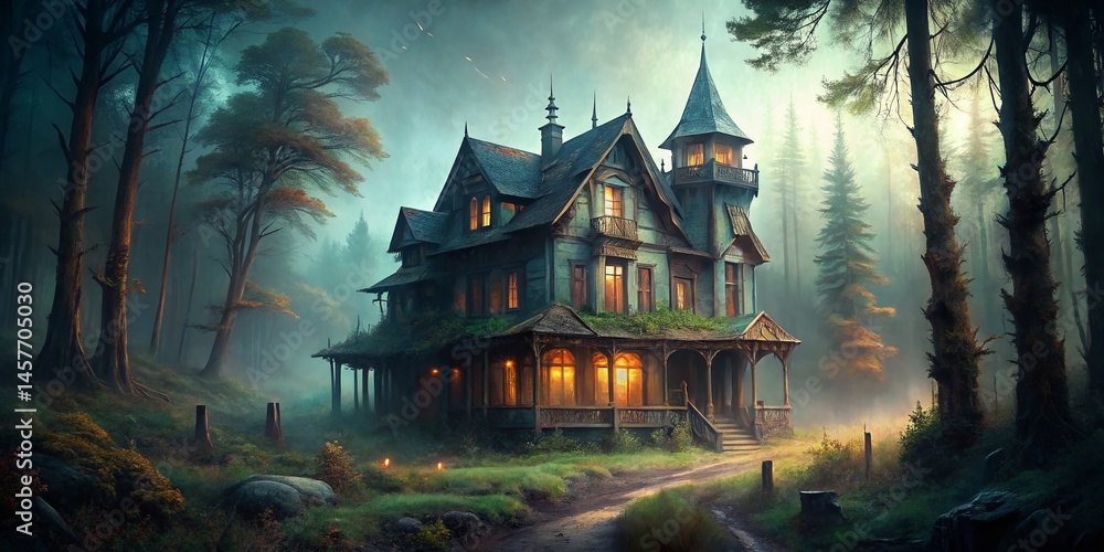 Obraz premium Foggy Forest Abandoned Haunted House - Vintage Style Digital Art