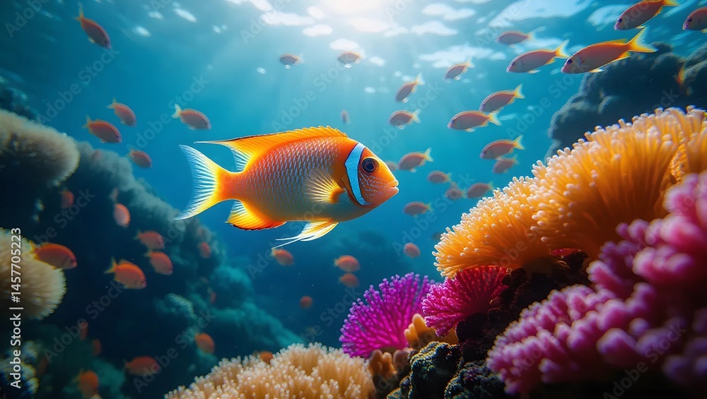 Fototapeta premium Vibrant Coral Reef with Colorful Fish and Coral