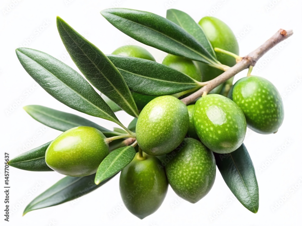 Fresh Green Olives on Branch with Leaves - Macro Stock Photo Fresh Green Olives on Branch with Leaves - Macro Stock Photo