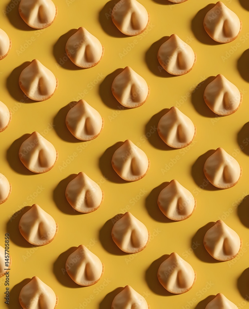 Pattern of traditional fortune cookies arranged in rows on a vibrant yellow background with strong shadows, creating a modern pop art style food concept with symmetry and repetition
Pattern of traditional fortune cookies arranged in rows on a vibrant yellow background with strong shadows, creating a modern pop art style food concept with symmetry and repetition