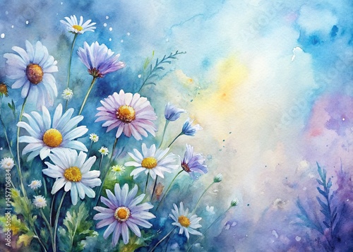 Frosty Blue & Lavender Wild Daisies Watercolor Vignette - Cozy Garden Art Print