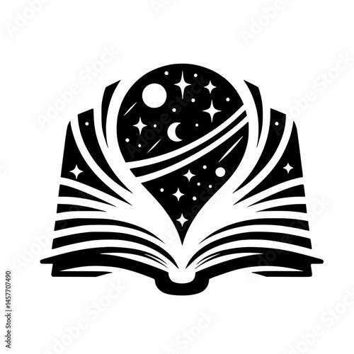 Open Book to the Cosmos: Black & White Illustration