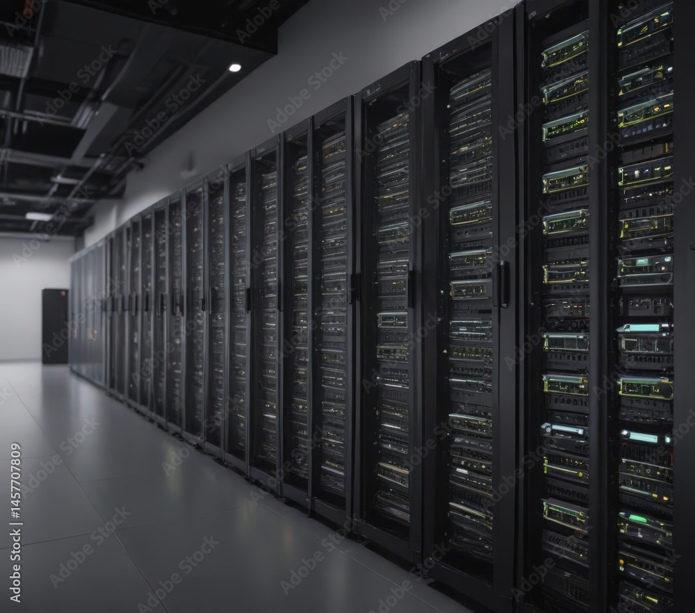 Rows of humming servers in a modern data center, system, control, security Rows of humming servers in a modern data center, system, control, security