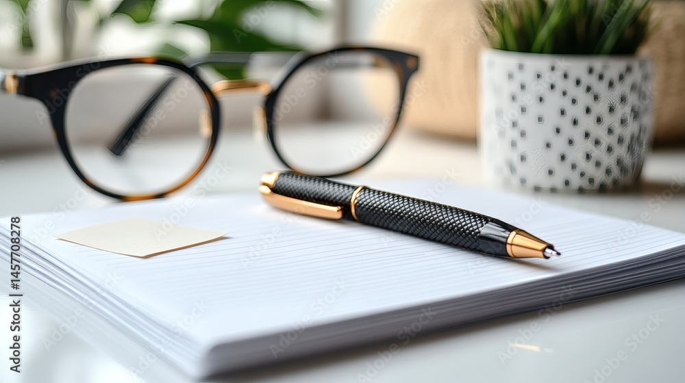 Fototapeta premium Elegant black and gold pen rests on a stack of white lined paper near glasses and potted plant on a transparent background, PNG image, PNG file.