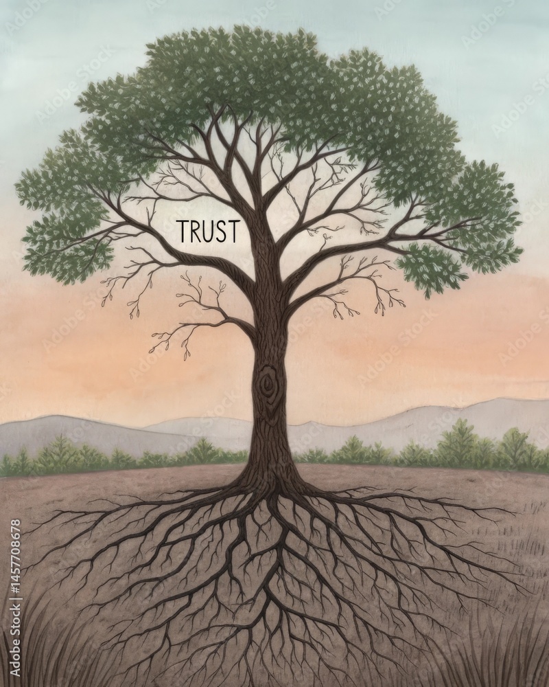 A tree with deep roots labeled Trust but with a significant chunk of bark missing illustrating the s that betrayal can inflict on relationships.