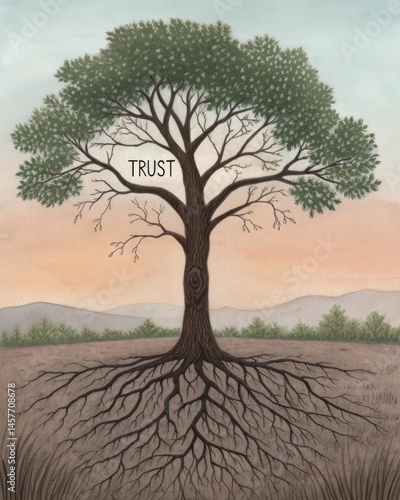 Obraz na płótnie A tree with deep roots labeled Trust but with a significant chunk of bark missing illustrating the s that betrayal can inflict on relationships. w salonie