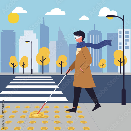 Person Using Cane Crossing Street with Urban Cityscape Illustration