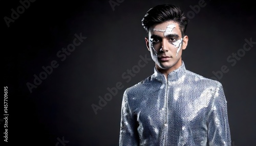 Stylish man in metallic sequin jacket with cracked mirror face art on dark studio backdrop
