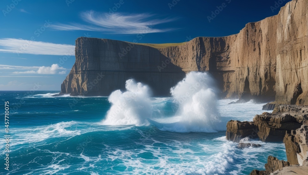 Fototapeta premium Coastal cliffs dramatically meet the forceful waves under a vibrant sky atmosphere