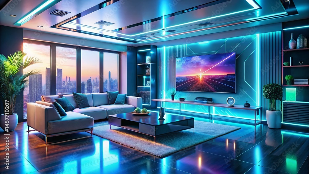 Fototapeta premium Futuristic Smart Home Living Room: Holographic AI Entertainment System & Voice Control