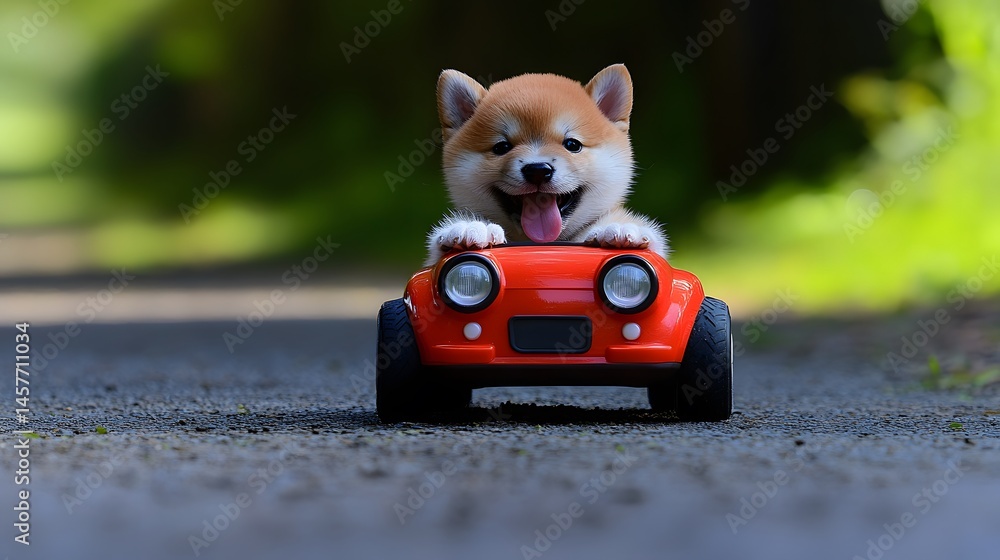 Fototapeta Adorable puppy in a small red toy car.