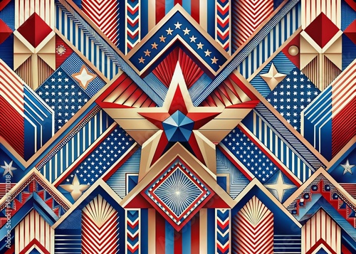 Geometric Art Deco Independence Day Backdrop: Festive Red, White, & Blue Design