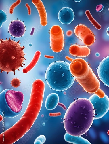 Highly detailed 3D illustration of microscopic bacteria and viruses in vibrant colors on a blue background, ideal for scientific, medical, or educational content and backdrops

