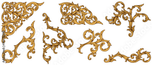 Set vintage arabesque border frame engraving baroque filigree ornamental. Gold acanthus leaves floral, Luxury Curl ornamental vector illustration