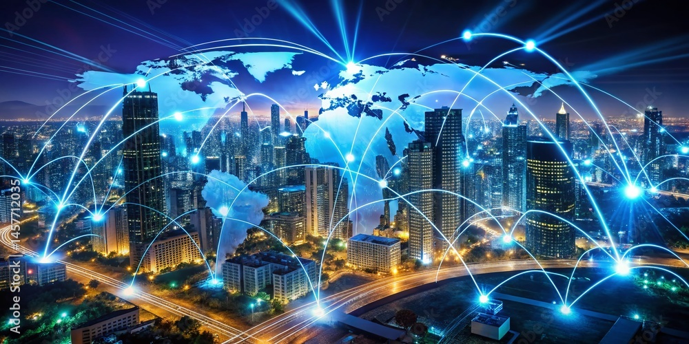 Global Cloud Computing Network: Aerial View of Data Transfer & Virtualization Across Cities and Continents Global Cloud Computing Network: Aerial View of Data Transfer & Virtualization Across Cities and Continents