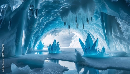Enchanting Ice Cavern with Crystalline Formations and Glistening Reflections