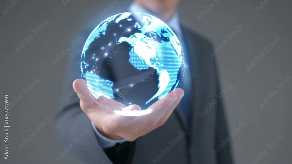 Businessman Holding 3D Earth Hologram with Glowing Digital Map Representing Global Connectivity and Futuristic Corporate Technology. Businessman Holding 3D Earth Hologram with Glowing Digital Map Representing Global Connectivity and Futuristic Corporate Technology.