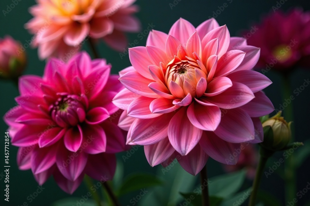 Fototapeta premium Intricate dahlia blooms, vibrant colors, lush petals , orange, retro, dahlia pattern