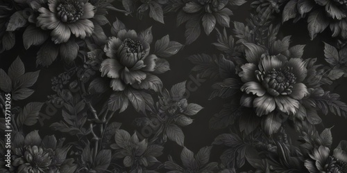 Intricate charcoal floral wallpaper, rich texture, luxurious feel , romantic, petals
