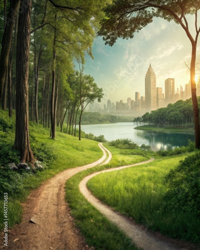 Obraz na płótnie Two paths diverging in a lush forest each leading to distinctly different environments showcasing the choices individuals make in shaping their own realities. w salonie