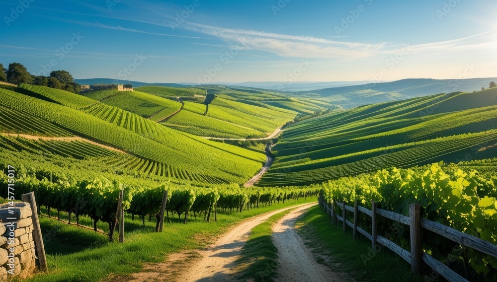 Fototapeta premium Picturesque rolling vineyard hills bathed in morning sunlight create idyllic scene