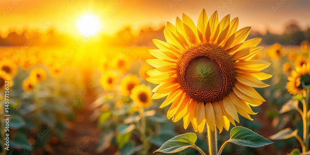Obraz premium Golden Sunflower Field: Single Bloom in Sunlight, Copy Space