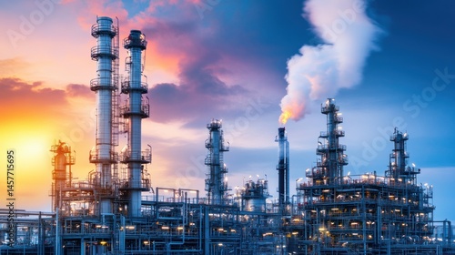 Wallpaper Mural Industrial refinery complex at sunset metal structures and smoke stacks against vibrant sky Torontodigital.ca