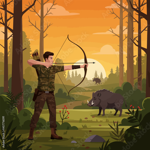 Man Aiming Bow and Arrow at Wild Boar in Forest