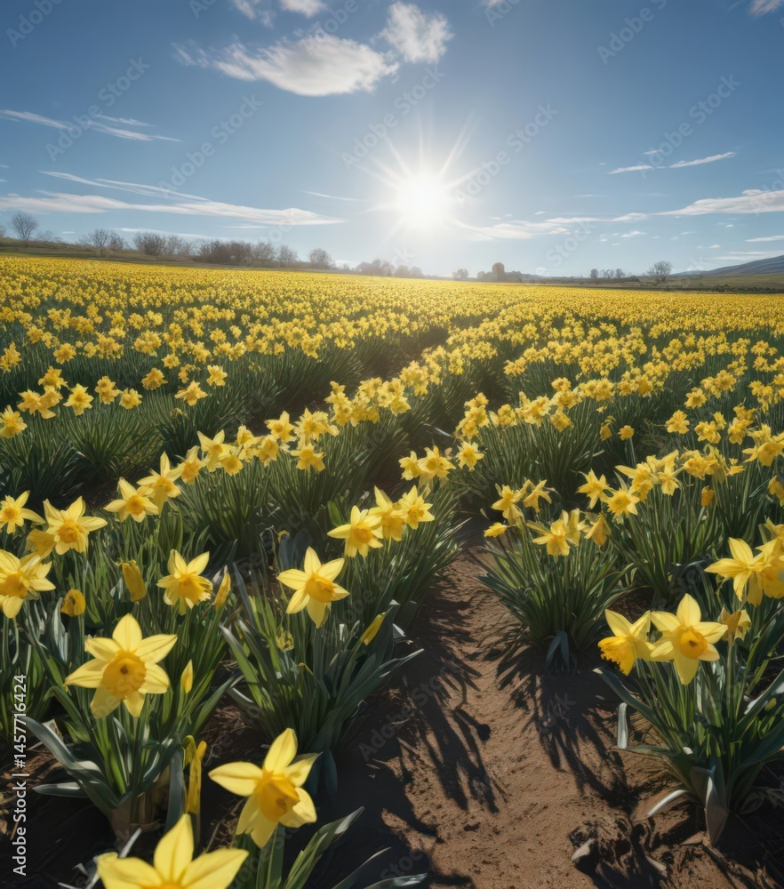 Fototapeta premium Expansive field of daffodils bathed in sunlight; clear blue sky overhead , flora, sunny, spring