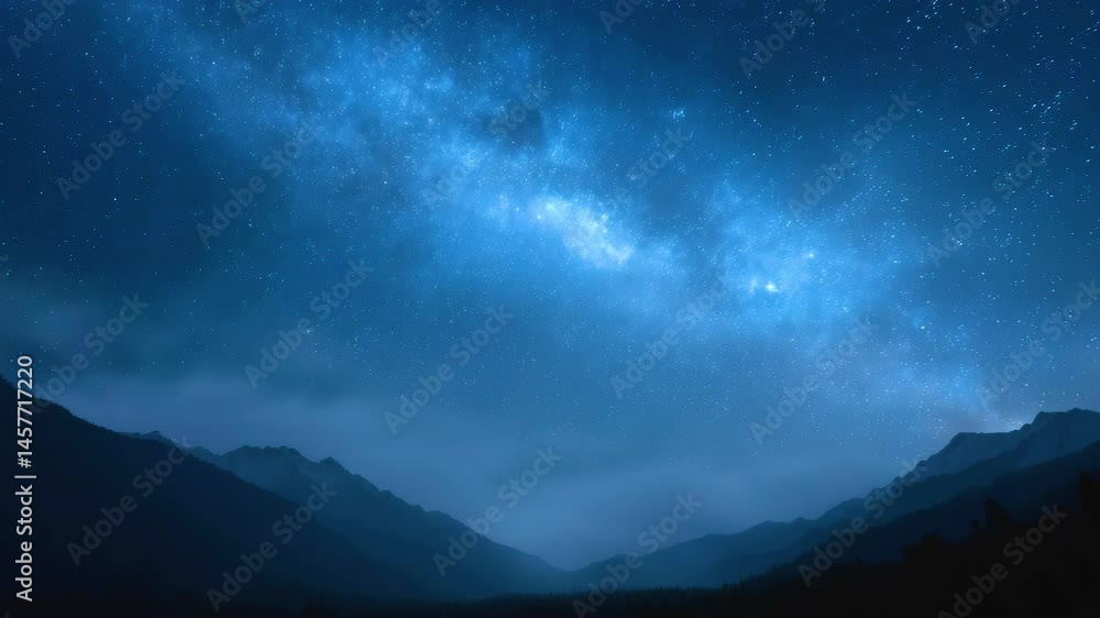 Starry night sky with bright milky way over mountain and misty valley, cosmic view of peaceful dark mountain silhouette under star filled sky Starry night sky with bright milky way over mountain and misty valley, cosmic view of peaceful dark mountain silhouette under star filled sky