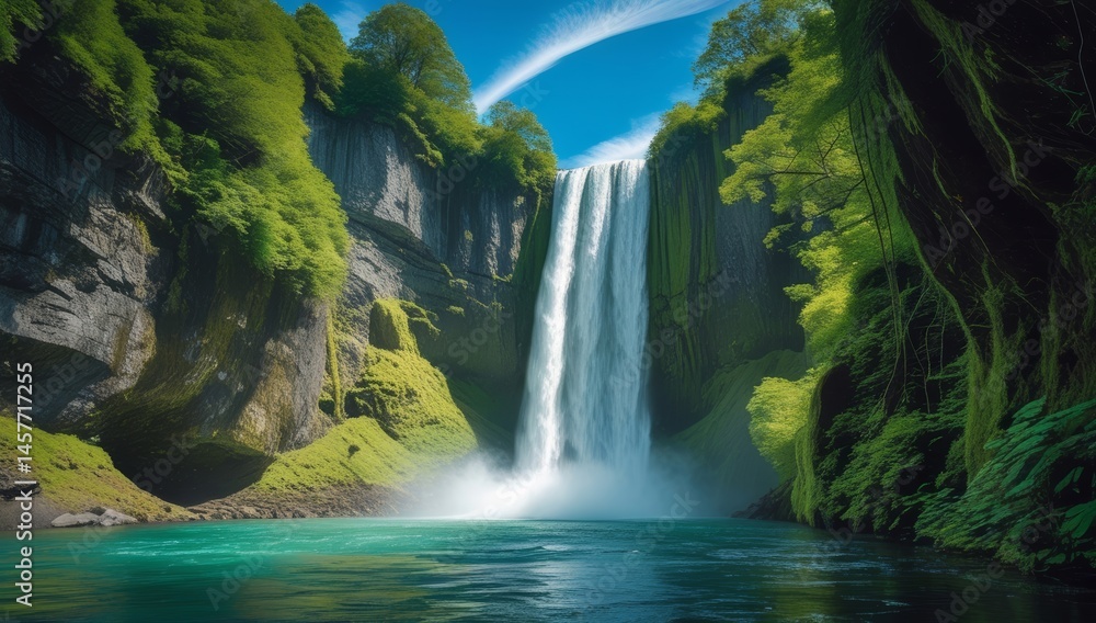 Fototapeta premium Majestic Waterfall Cascading into Teal Water, Surrounded by Lush Green Cliffs