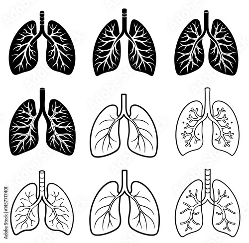 Set Of Lungs icon. Simple solid style. Human internal organ, lung, respiratory system, pulmonology concept. Black silhouette, glyph symbol. Vector illustration