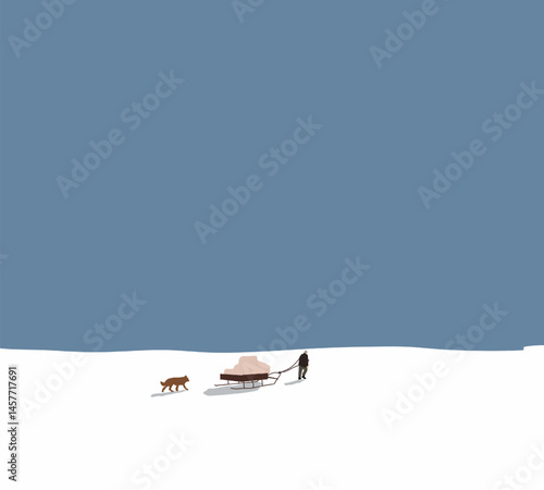 Man pulling sleigh loaded with stuff and dog walking beside on snow mountain. Christmas vibes.