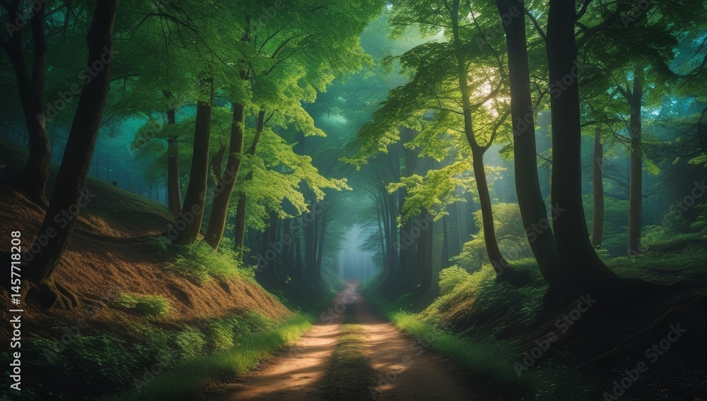 Obraz premium Mystical forest pathway with gentle sunlight filtering through lush green canopy
