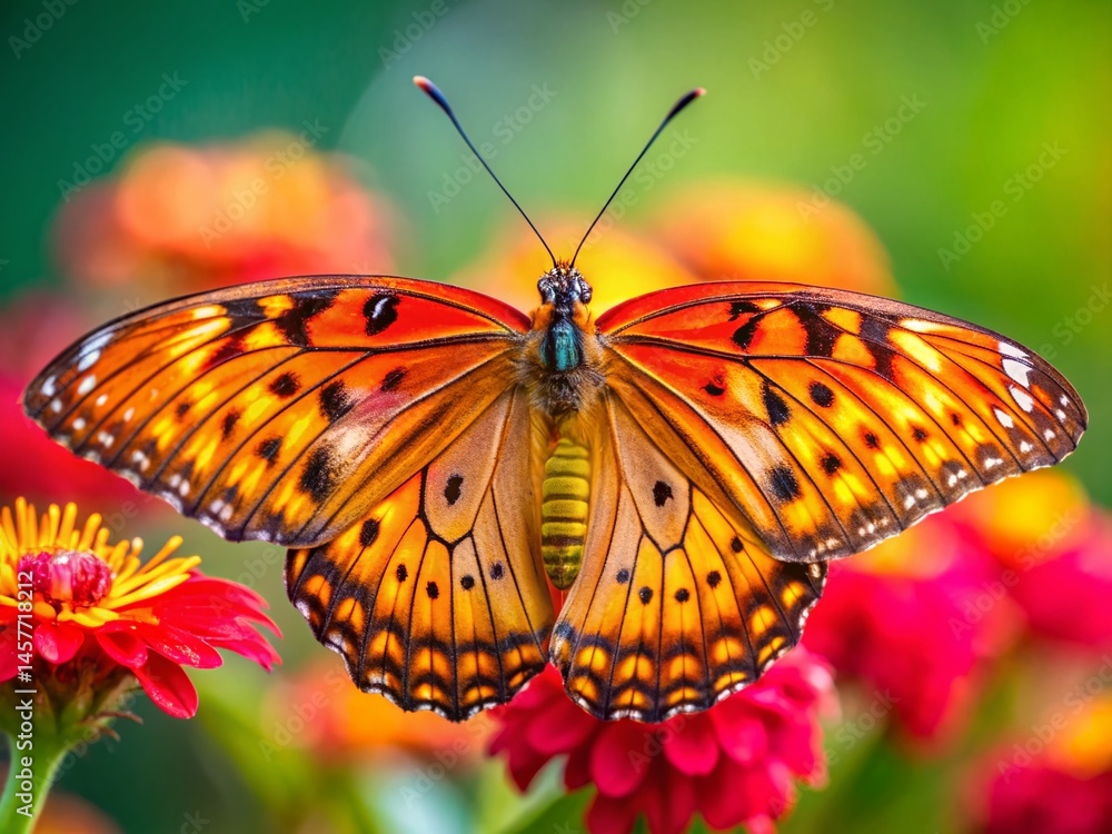 Obraz premium Gulf Fritillary Butterfly Portrait, Close-up of Agraulis vanillae on Flower