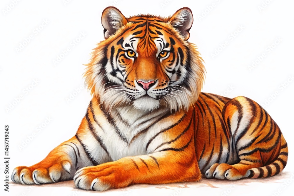 Fototapeta premium Hand-painted Bengal Tiger Illustration, Orange Wildlife Nursery Clipart, Educational Design Element