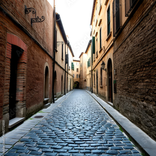 Textured cobblestone pathway in a narrow alleyway with aged buildings and rich history