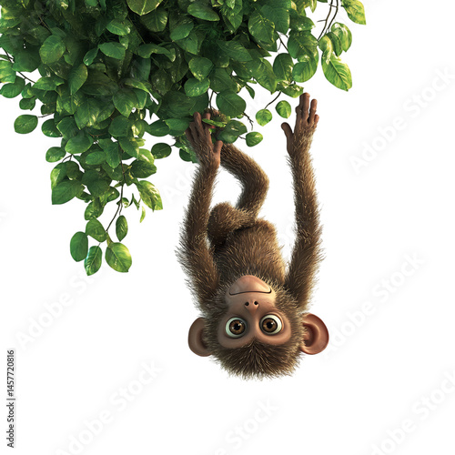 Cartoon Monkey Hanging Upside Down from Tree Branch Isolated on Transparent Background