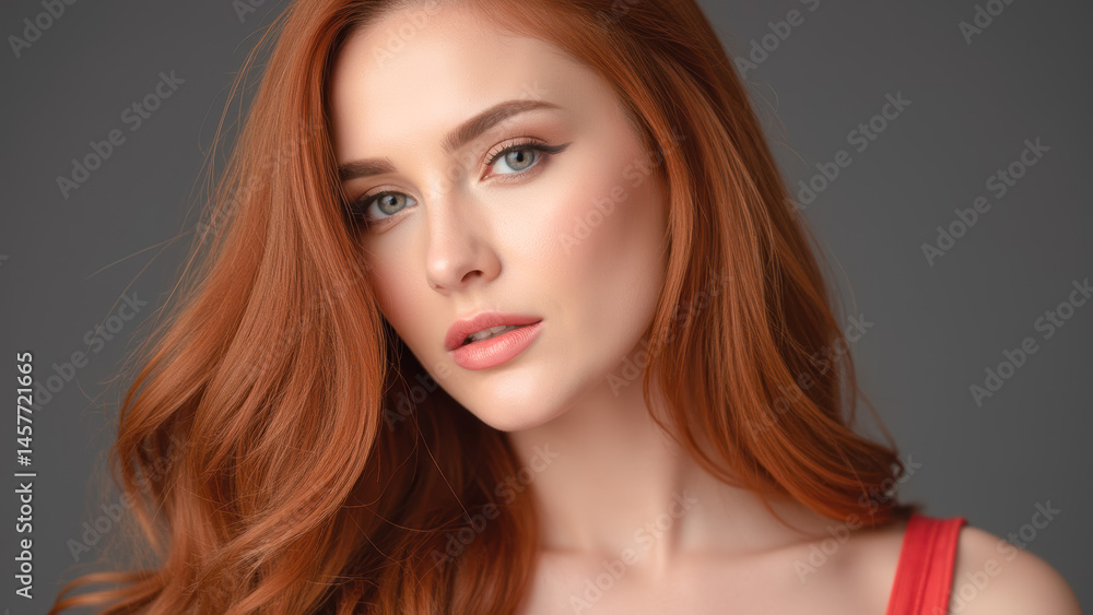 Portrait of Young Woman with Long Red Hair and Natural Makeup Against Gray Background Portrait of Young Woman with Long Red Hair and Natural Makeup Against Gray Background