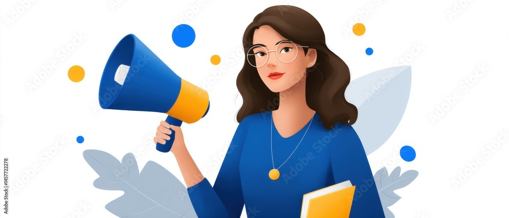 Woman holding a megaphone with an expressive background.